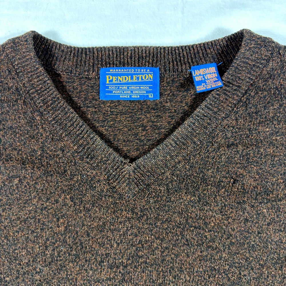 Pendleton Mens Brown Lambswool V-Neck Sweater Pure Virgin Wool Pullover L VTG